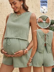 Boho Mama Maternity Summer Solid Color Textured Tank Top And Shorts 2 Pieces Set - Green - View 2
