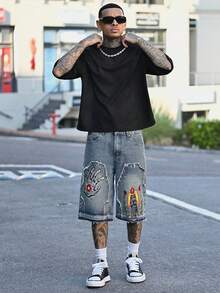 Devon Thys Men's Floral Pattern Frayed Pocket Wide Leg Loose Denim Shorts Hang Out Street Tropical College - Light Wash - View 1