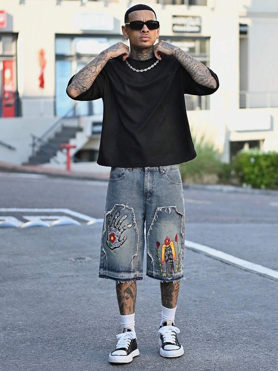 Devon Thys Men's Floral Pattern Frayed Pocket Wide Leg Loose Denim Shorts Hang Out Street Tropical College - Light Wash - View 1