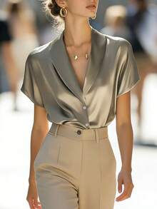 Ellegaria. 浅棕色缎面披肩领短袖单排扣宽松垂坠优雅通勤百搭女式衬衫 缎面衬衫 真丝衬衫 缎面衬衫 女士衬衫 办公室衬衫 真丝衬衫 女士缎面衬衫 女士缎面衬衫 优雅衬衫 女士优雅套装 女士办公室工作服 工作衬衫 女士工作上衣 女士上衣和衬衫 - 咖啡棕 - 查看 6