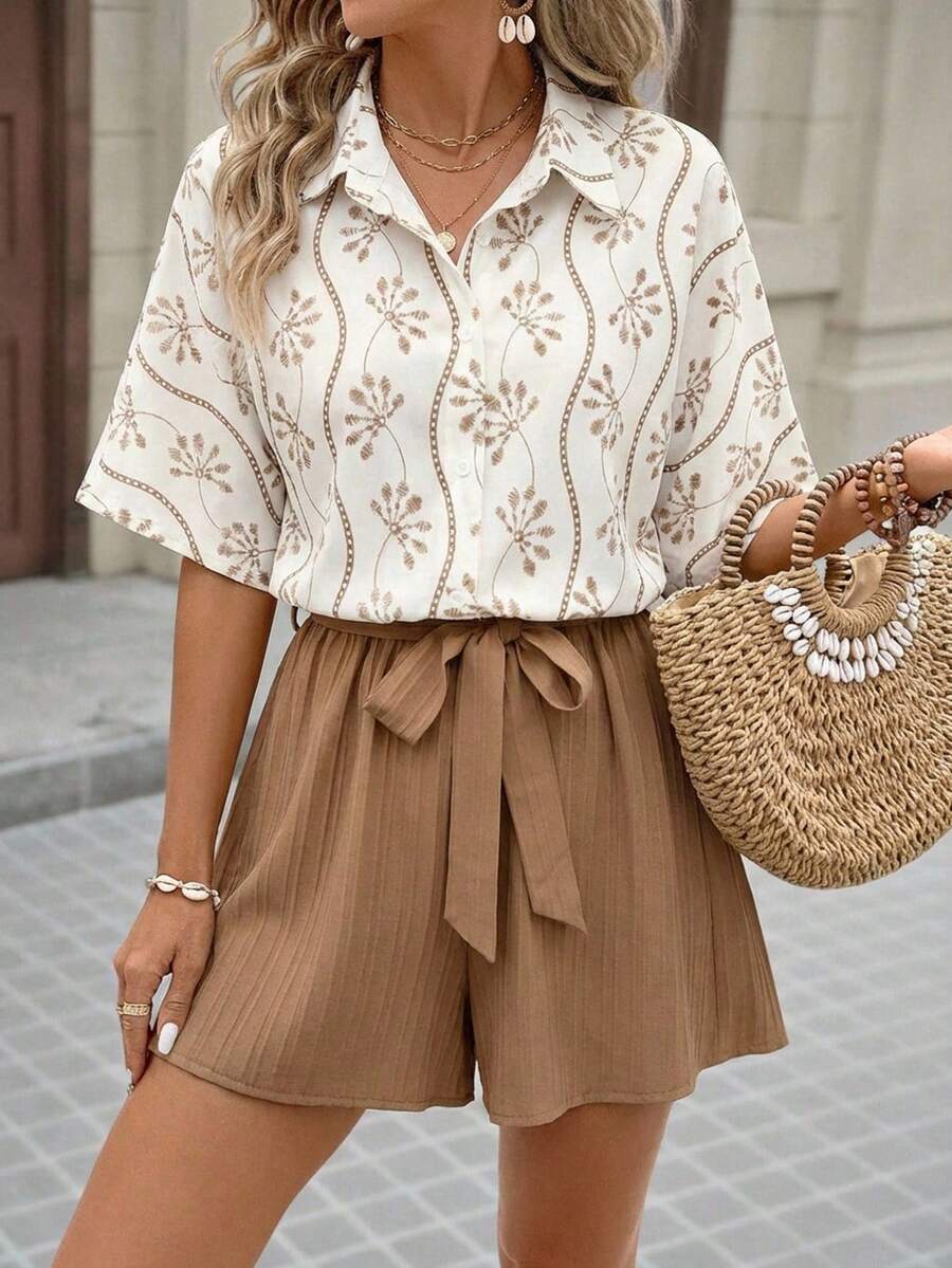 Brillora 女士夏季度假休闲拼接短袖系带连体裤，度假，度假风，波西米亚风，波西米亚风格，波西米亚风卡其色连体裤，音乐节乡村风连体裤，女士休闲装，女士海滩度假装，女士夏季短款套装，女士短款套装，女士优雅夏季装，女士度假短款套装 - 彩色 - 查看 1