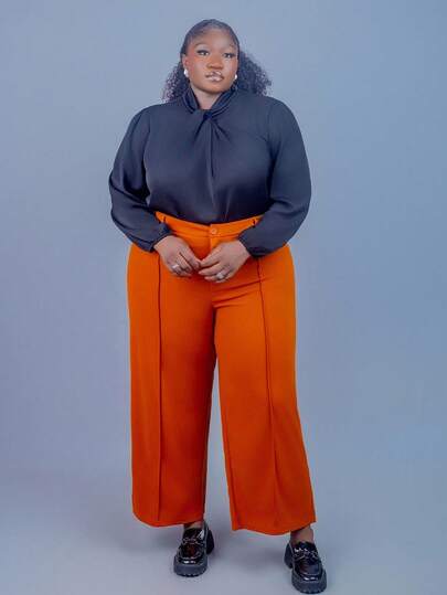 CurvyTilda 大码女式纯色阔腿宽松牙签条纹设计休闲裤，商务休闲女士，工作服女士，老款风格女士