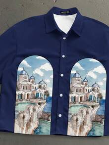 StoneGrade Camisa de manga corta casual y versátil con estampado de paisaje para hombre, de solapa única - Azul Marino - Ver 2