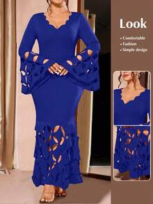 Cravure Đầm ôm dáng thanh lịch cỡ lớn, cổ chữ V, tay loe, chất liệu vải dệt thô. - Màu xanh lam - Xem 1