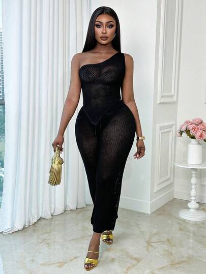 Xyvia Women's Solid Color Knit Hollow Out Asymmetric Neck Crop Top And Wide Leg Pants Set, Sexy High Waist Slimming Bohemian Style Two Pieces Suit For Summer Beach Vacation