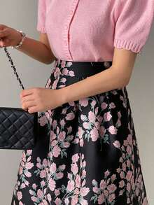 DAZY 提花百褶裙，高腰喇叭裙，法式修身女装 - 黑色 - 查看 5