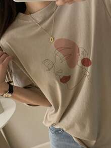 DAZY Loose Fit Round Neck Printed Short Sleeve T-Shirt For Women, Summer Graphic Tees Women - Khaki - View 4