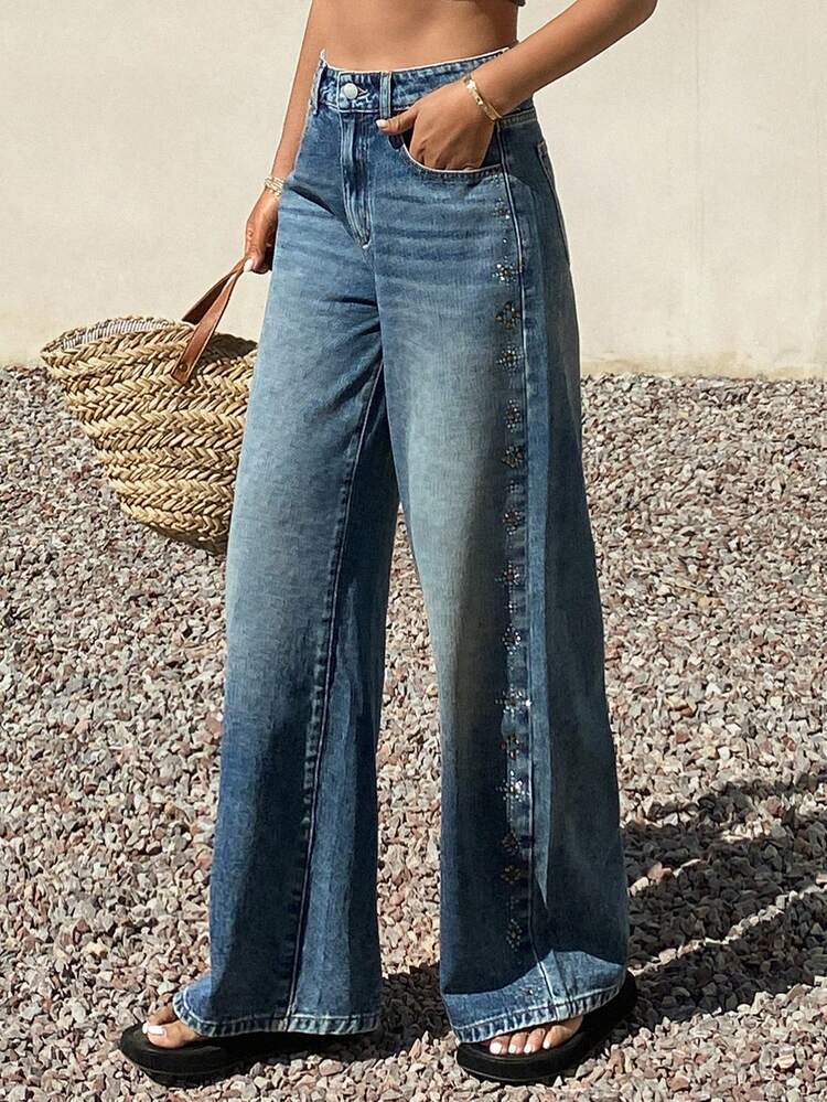 Women's Regular Waist Side Rhinestone Design Casual Elegant Loose Straight Leg Jeans Y2k