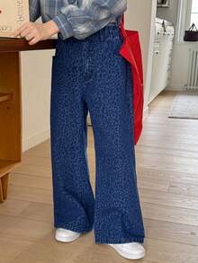 Hapijoa 少女豹纹口袋阔腿宽松休闲牛仔裤 - 藍色 - 查看 4