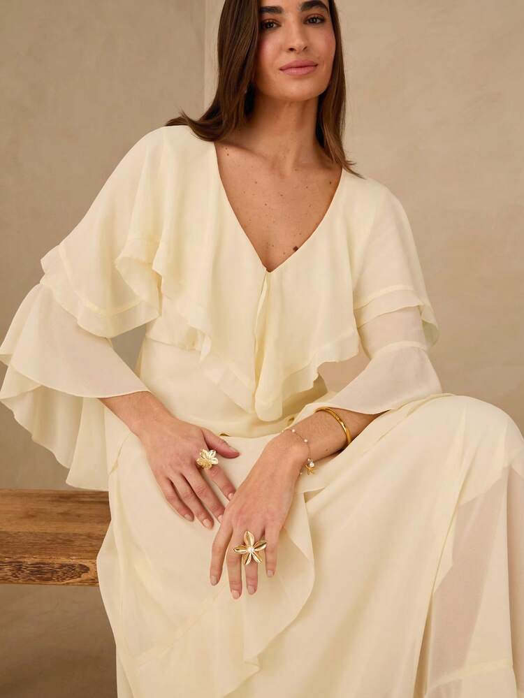Enchnt Summer Women's A Chic And Romantic French-Style Yellow V-Neck Ruffled Dress, Bohemian Style, Mother's Day Dress, King's Day,Elegant Dresses For Women,Casual Dresses For Women,Festival Outfits For Women,Summer Holiday Outfit, , Vacation & Party Dress. - Apricot - View 7