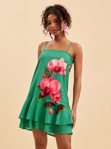 Travachic Rochie elegantă cu imprimeu floral pentru femei, îmbrăcăminte rafinată, ținută de vacanță, rochie în linie A cu volane, modă drăguță și tinerească, rochie cu barete scurte, potrivită pentru primăvară, vară, toamnă - Multicolor - Vizualizare 4