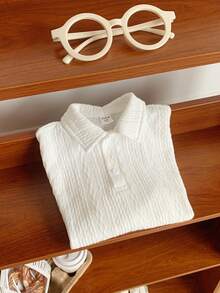SHEIN Little Byeori 1件男童休闲、舒适、时尚、百搭、柔软、宽松短袖polo衫，适合春、夏、秋季日常穿着、运动、郊游、上学、聚会、节日、拍照等场合。 - 白色 - 查看 4