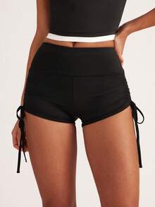 Easithlete 桃形臀提升歐美風瑜伽短褲，高腰彈性運動女士跑步健身短褲拉繩短褲 - 黑色 - 查看 3