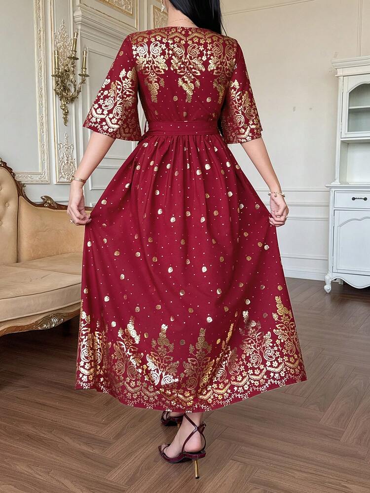 Women's Elegant Floral Print V-Neck Belted Mid-Length Dress, Suitable For Spring And Summer Boho