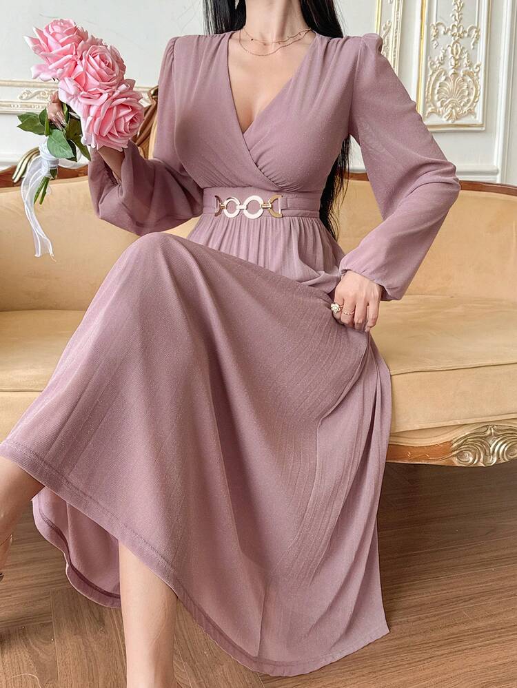 DAZY Women's Elegant Solid Color V-Neck Pleated Mid-Length Dress, Spring/Summer Maxi Dress Sundress - Pink - View 3