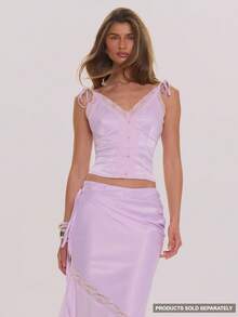 MUSERA Áo hai dây cài cúc viền ren satin, kiểu dáng thanh lịch, thích hợp cho mùa xuân hè, đám cưới, kỳ nghỉ, lễ hội, tuần trăng mật, quán cà phê. - Màu tím hoa cà - Xem 1