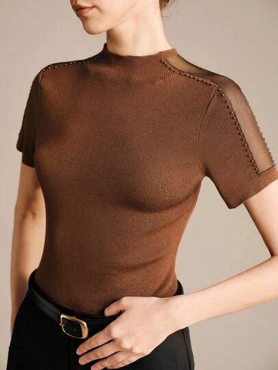 Aveloria Modichic Women's Fitted Low-Cut Sweater With Mesh Openwork Design At The Shoulders And Pearl Embellishments, Suitable For Everyday Commuting Valentine Outfits For Women Valentine's Day Holiday Outfits For Women