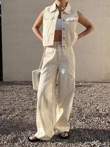 DAZY 女士牛仔套装 - 翻领无袖上衣和纯色裤子 - 杏色 - 查看 6