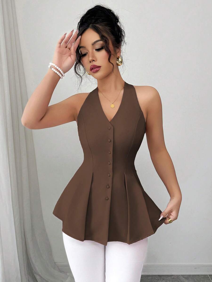 Elenzga 女士优雅休闲通勤度假纯色V领开襟褶裥腰部A字无袖衬衫，春夏款 - 棕色 - 查看 1