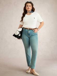 Comfylo Plus Size Women's White Cable Knit Top,Summer Casual Short Sleeve Round Neck Pullover,Knight Pattern Slim Fit Sweater For School & Back-To-School - White - View 6