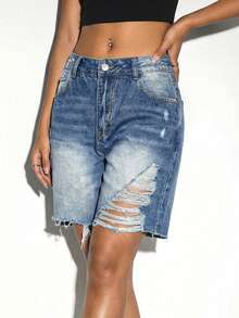 SHEIN ICON Women's Casual Washed Distressed Low Waist Denim Shorts - Blue - View 4
