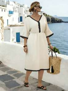 EMERY ROSE 大码女式梭织常规早春休闲舒适长袖收腰棕色二合一连衣裙 - 杏色 - 查看 3