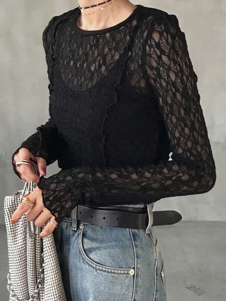 FRIFUL Women's Slim Fit Lace Blouse, Round Neck Long Sleeve, Sheer Textured Fabric, Casual Versatile For Holiday, Beach - Black - View 4