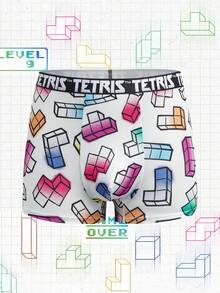 Tetris™ X SHEIN 3pcs Men's Boxer Briefs With Digital Cube Print & Elastic Waistband - Black and White - View 9