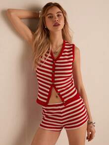 Easelle Bộ đồ nữ kẻ sọc gồm áo một hàng cúc và quần short, kiểu dáng thường ngày. - Đỏ và trắng - Xem 4