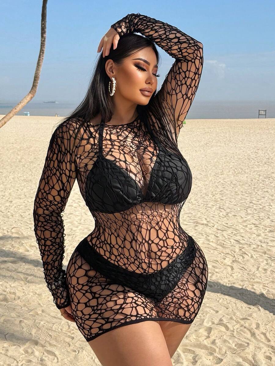 Swim SXY Women's Sexy Hollow-Out Long Sleeve Cover-Up Dress - Black - View 1