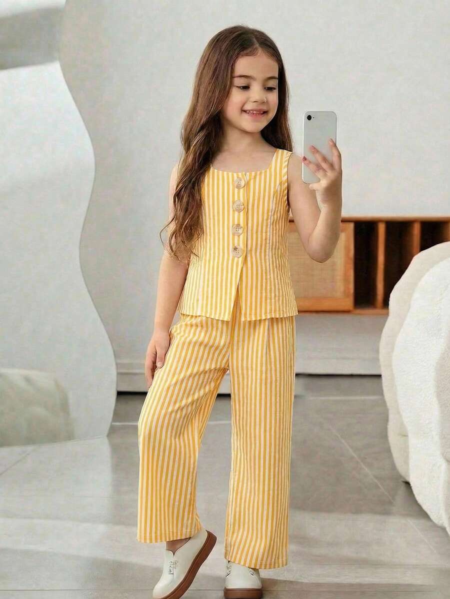 SHEIN 女童条纹印花方领背心和裤子休闲套装 - 黃色 - 查看 1