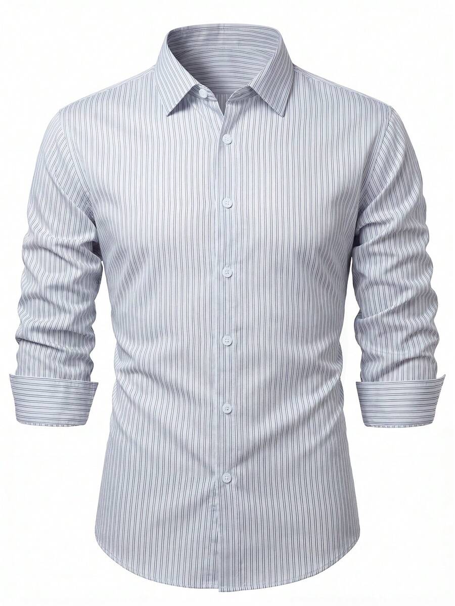 Manfinity Bizformal 男士经典细条纹长袖衬衫，商务休闲修身款/男士条纹衬衫/商务休闲男士衬衫/蓝白条纹男士衬衫/男士休闲通勤条纹长袖衬衫