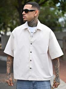 Devon Thys Men's Urban Fashionable Loose-Fit Short Sleeve Collared Boxy Shirt With English Letter Pattern For Daily Casual Wear, Friends - Apricot - View 4