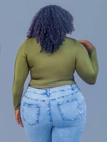 CurvyTilda 加大立领褶皱 T 恤 - 軍綠色 - 查看 5