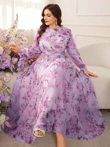 Modelyn Vestido midi con cintura ceñida y estampado floral para mujer de talla grande - Morado - Ver 1
