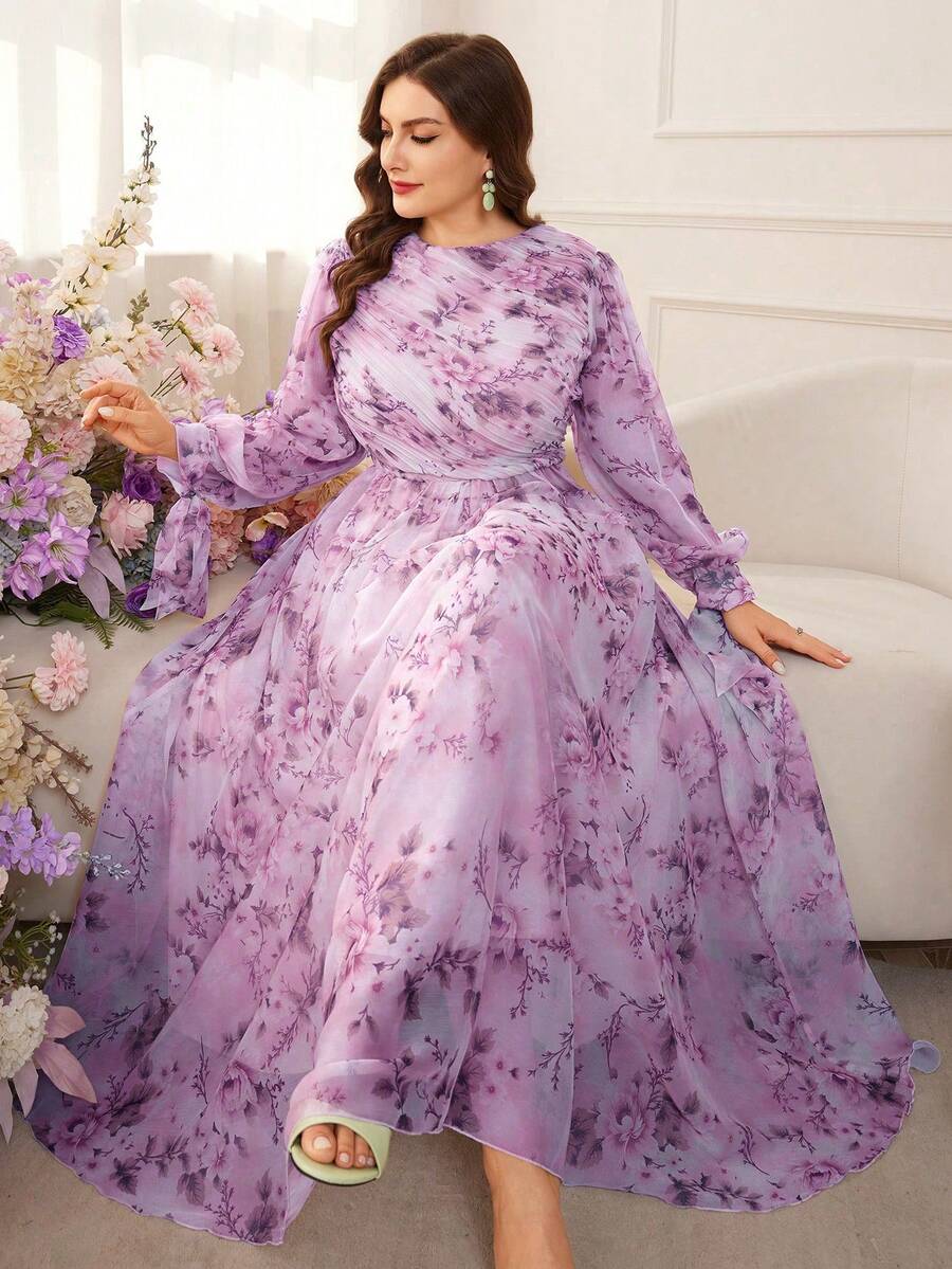 Modelyn Vestido midi con cintura ceñida y estampado floral para mujer de talla grande - Morado - Ver 1