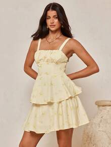 Enchnt 度假风印花收腰吊带迷你连衣裙 - 黃色 - 查看 4