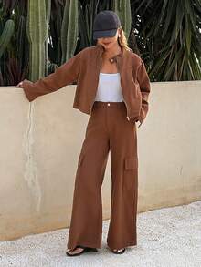 DAZY Chaqueta vaquera de manga larga con cuello y pantalón vaquero de pierna recta relajada - Conjunto vaquero casual para mujer - Café integral - Ver 2