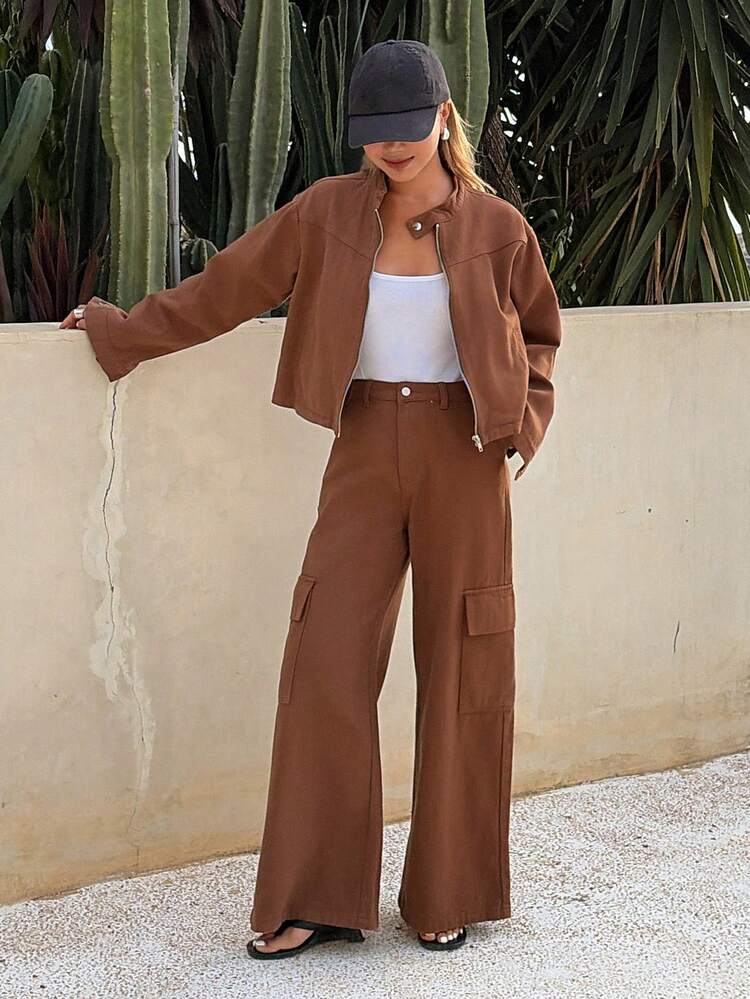 Women's Collared Long Sleeve Denim Jacket And Relaxed Straight Leg Jeans Casual Denim Suit