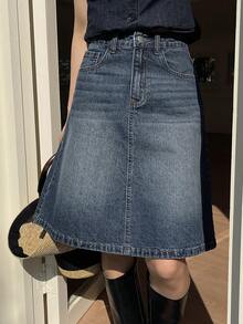 DAZY 女士常规款中腰A字及膝休闲优雅牛仔裙 - 深色水洗藍 - 查看 8