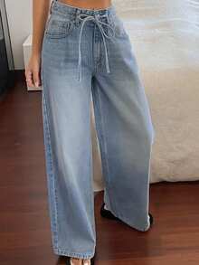 DAZY Celana Jeans Wanita Regular Pinggang Sedang Dekoratif Kasual Potongan Lurus Y2k - Light Wash - View 2