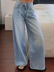 DAZY Celana Jeans Wanita Regular Pinggang Sedang Dekoratif Kasual Potongan Lurus Y2k - Light Wash - View 6