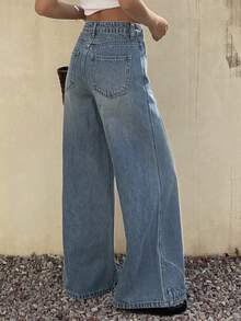 DAZY Jeans de pierna ancha y suelta con cintura regular y diseño de bajo con estilo, estilo casual de calle para mujer - Azul lavado medio - Ver 5