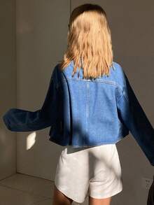 DAZY 女士翻领短款水洗牛仔休闲外套 - 中等水洗藍 - 查看 5