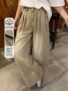 DAZY Jeans de pierna ancha y plisada de cintura regular holgada para mujer, pantalones vaqueros de ajuste relajado lavados de manera casual - Caqui - Ver 1