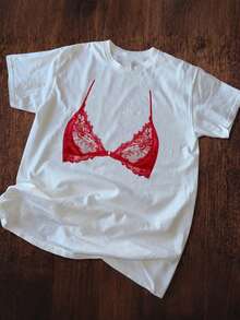 Red Bralette Pattern T-Shirt - Playful Lingerie Inspired Design, Modern Lace Crew Neck Tee, Stylish Gift For Female Friends - White - View 3