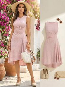 Ellevyn Women's Regular Ocean Blue Shiny Ruched Round Neck Slimming Elegant Midi Dress - Blue - View 10