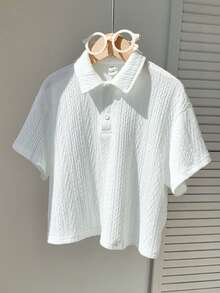 SHEIN Little Byeori 1件男童休闲、舒适、时尚、百搭、柔软、宽松短袖polo衫，适合春、夏、秋季日常穿着、运动、郊游、上学、聚会、节日、拍照等场合。 - 白色 - 查看 3