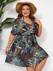 SHEIN CURVE+ 大码女式树叶印花V领系带腰部罩衫连衣裙，夏季、度假和海滩穿着，女士度假服装 - 黑色 - 查看 4
