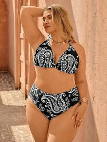 Swim Vcay Plus Size Women's 3-Piece Bikini Set With Mesh Skirt, Digital Floral Print, Adjustable Halter Neck, Suitable For Beach, Party, Vacation Bikini Set For Women Plus Size Plus Size Bathing Suits Women 2 Pieces 3 Pieces Swimwear Set Curve Plus Size High Waisted Swimwear High Waist Bikini Set - Black - View 5